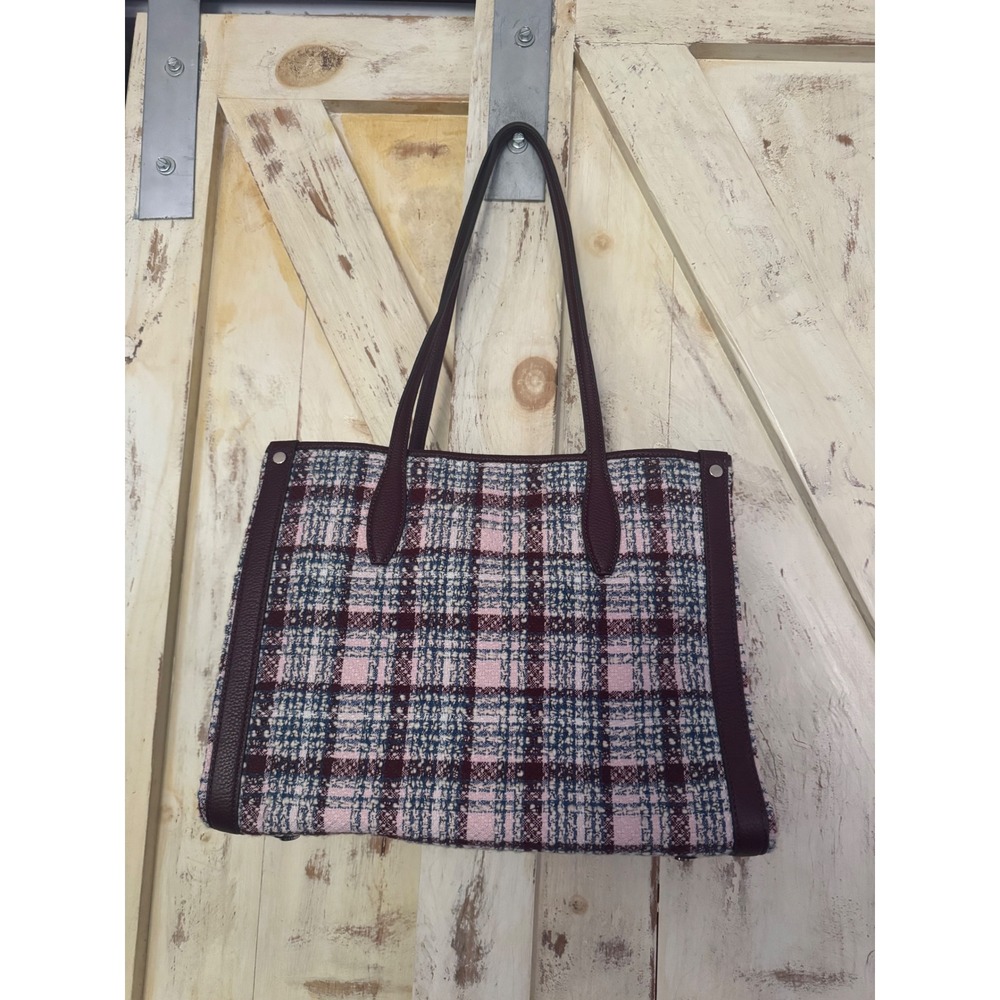 Kate Spade Plaid Burgundy Blue White Tweed Tote Shoulder Bag NWOT - Picture 11 of 16